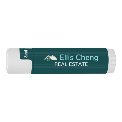White plastic lip balm with a custom full-color imprint.