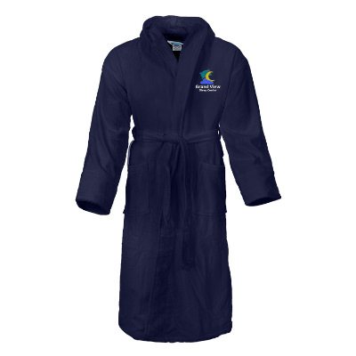Navy cotton robe with custom embroidered imprint.