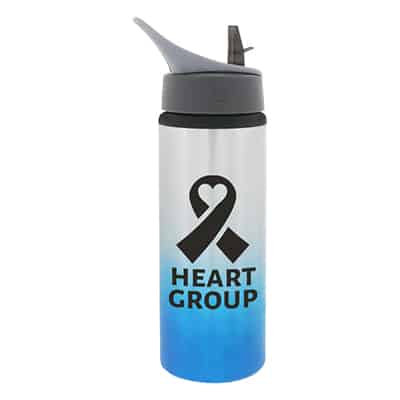 Aluminum silver with orange water bottle with custom advertising and flip straw lid in 25 ounces.