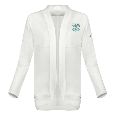 Custom white cardigan with embroidered imprint.