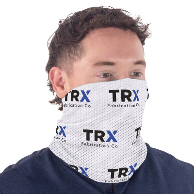White polyester neck gaiter with a custom logo.