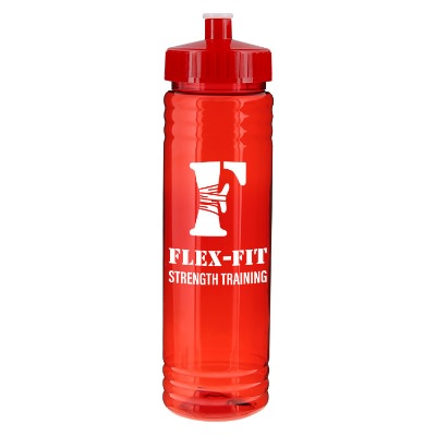 Plastic red sports bottle with push pull lid with custom branding in 24 oz.