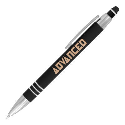 Black metal pen with a personalized logo.