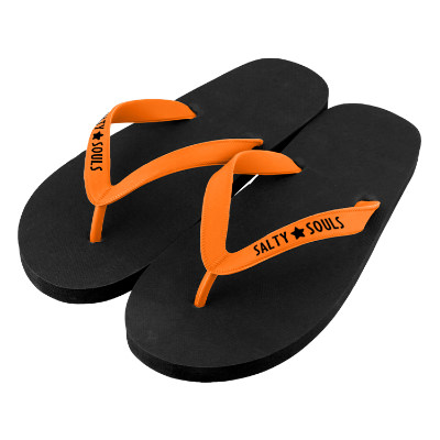 Black flip flops with orange straps and custom logo.