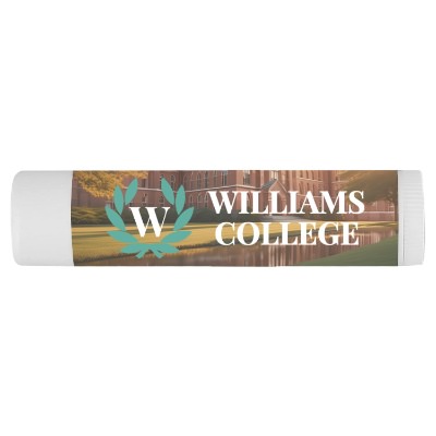 White plastic lip balm with a custom imprint.