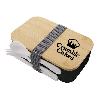 Black with gray bountiful bento box with custom printed logo.