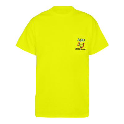 Safety green pocket tee with custom full color logo.