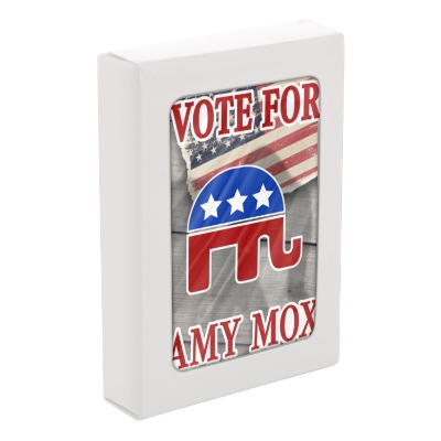 Patriotic paper playing cards with a custom logo.