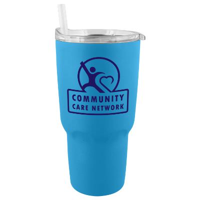 Light Blue tumbler with custom logo.