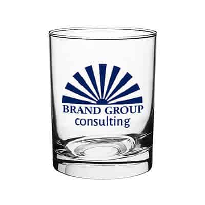 Glass clear whiskey glass with custom imprint in 14 ounces.