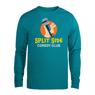 Customized full color logo on an athletic teal t-shirt.