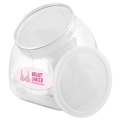 Clear plastic tub with a custom logo.