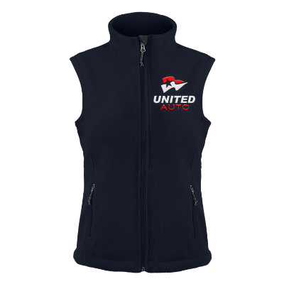 Navy vest with custom embroidered logo.