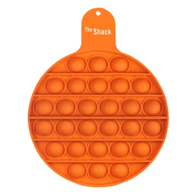 Orange silicone pop-it with a personalized imprint.