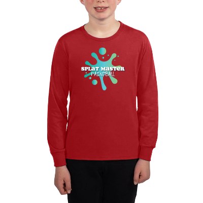 Full color red youth long sleeve tee with custom logo.