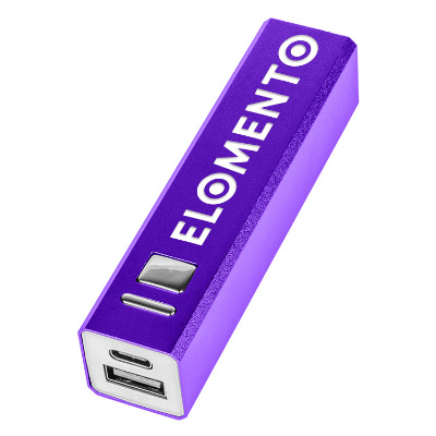 Purple aluminum power bank with a custom logo.