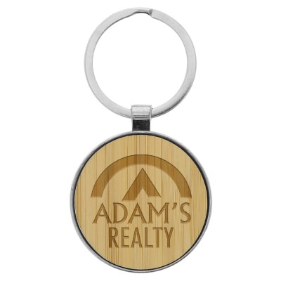 Bamboo and zinc alloy key tag with custom laser engraved imprint.