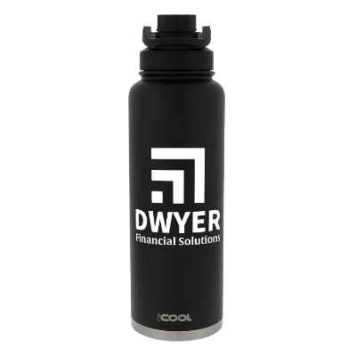 Stainless steel black water bottle with custom logo.