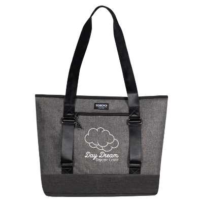 Gray tote cooler with custom logo.