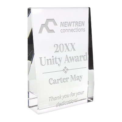 Crystal award with custom laser engraved imprint.