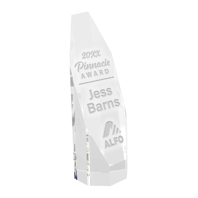 Crystal award with custom laser engraved imprint.