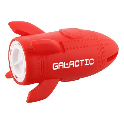 Red plastic piggy bank with a personalized imprint.