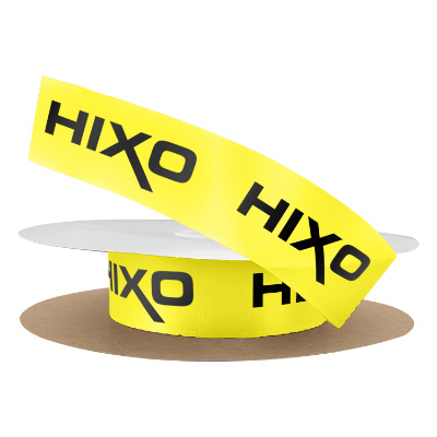 Yellow satin ribbon with a custom logo.