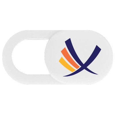 Plastic white webcam cover with a personalized logo.