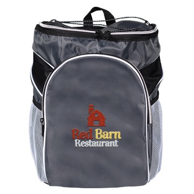 Gray backpack with embroidered logo.