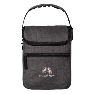 Charcoal polyester cooler with a personalized logo.