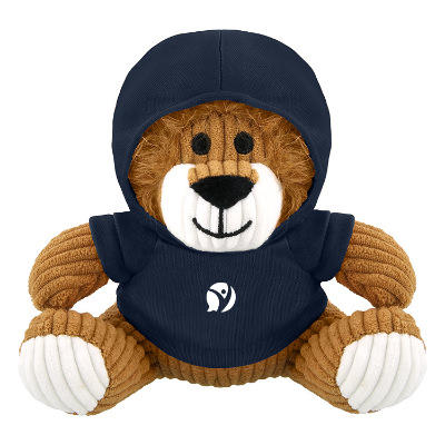 Plush and cotton corduroy lion with a blue hoodie with a personalized logo.
