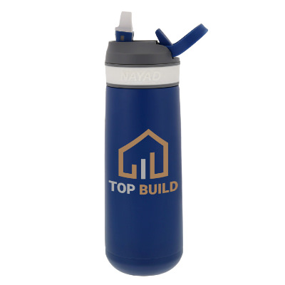 Stainless steel navy blue water bottle with custom full color logo in 23 oz.