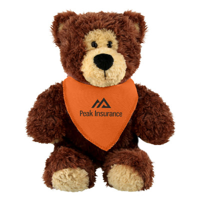 Plush and cotton bear with a orange bandana with a custom imprint.