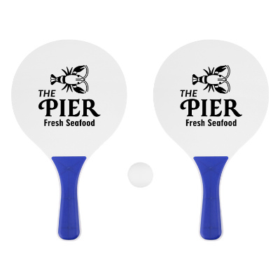 White with blue plastic and wood outdoor game with a branded logo.