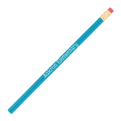 Teal wood pencil with custom logo.