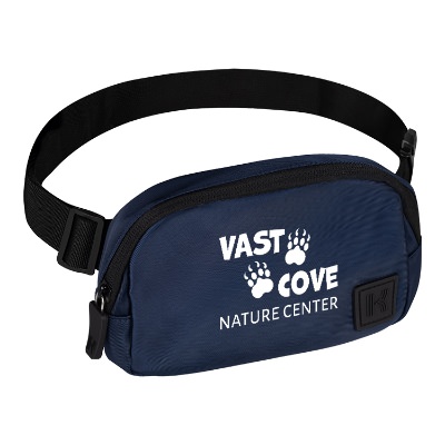 Custom navy fanny pack with black accents and custom logo.