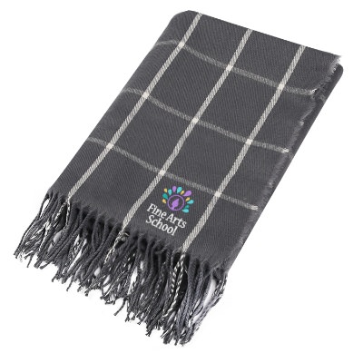 Gray and white fringed throw blanket with embroidered logo.