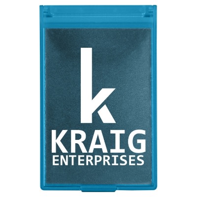 Translucent blue plastic mirror with a personalized logo.