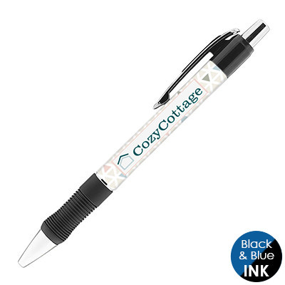 Branded full-color plastic pen with rubber grip.