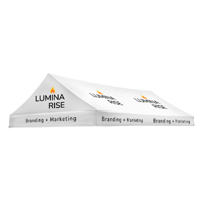 White 10-ft. x 15-ft. gable tent canopy with custom imprint in 10 locations.