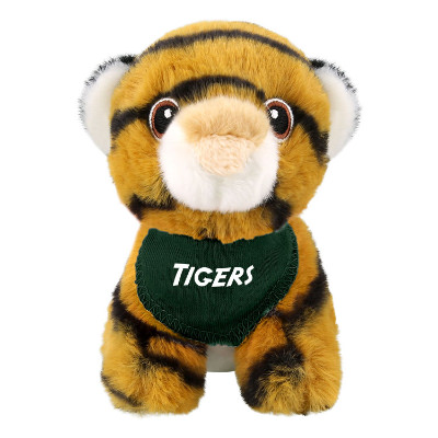 Plush and cotton tiger with a green bandana with a custom imprint.