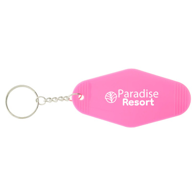 White plastic motel style keychain with one color custom imprint.