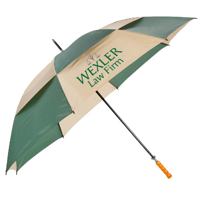 Green with khaki windproof vented umbrella with personalized full color imprint.