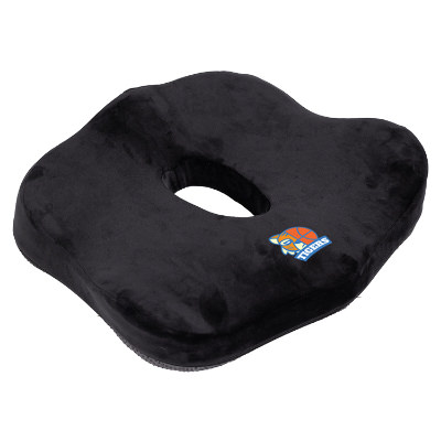 Black plush seat cushion with a personalized imprint.