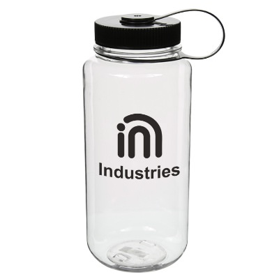 Plastic blue water bottle with custom print in 30 ounces.