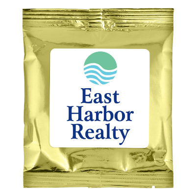 Gold plastic drink mix pack with a custom logo.