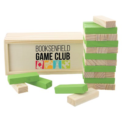 Tower puzzle made of wood with customized full color logo.