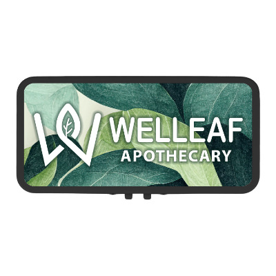 Black tin box with custom full color logo on label.