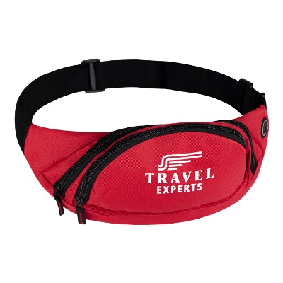 Red crossbody bag with custom imprint.
