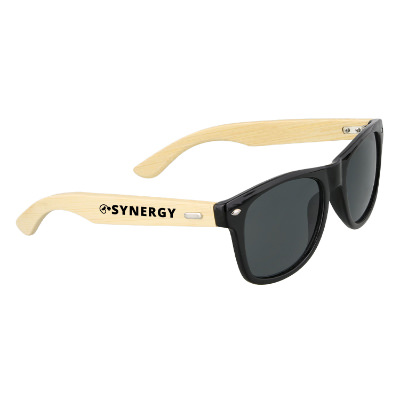 Black plastic sunglasses with a custom logo.